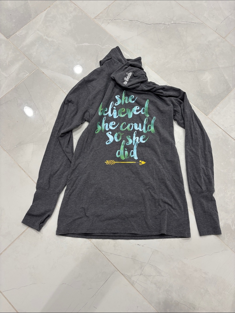 Long Sleeve Graphic Tee - Charcoal with Aqua Script